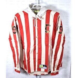 Supervsn Studios Mens Red Cream Striped Hooded Button Front Canvas Shirt Large